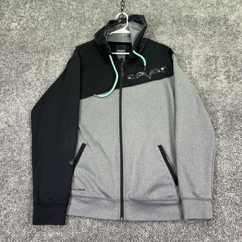 Seven Hoodie Mens Large Gray Black Full Zip Stretch Logo Sweatshirt Casual City